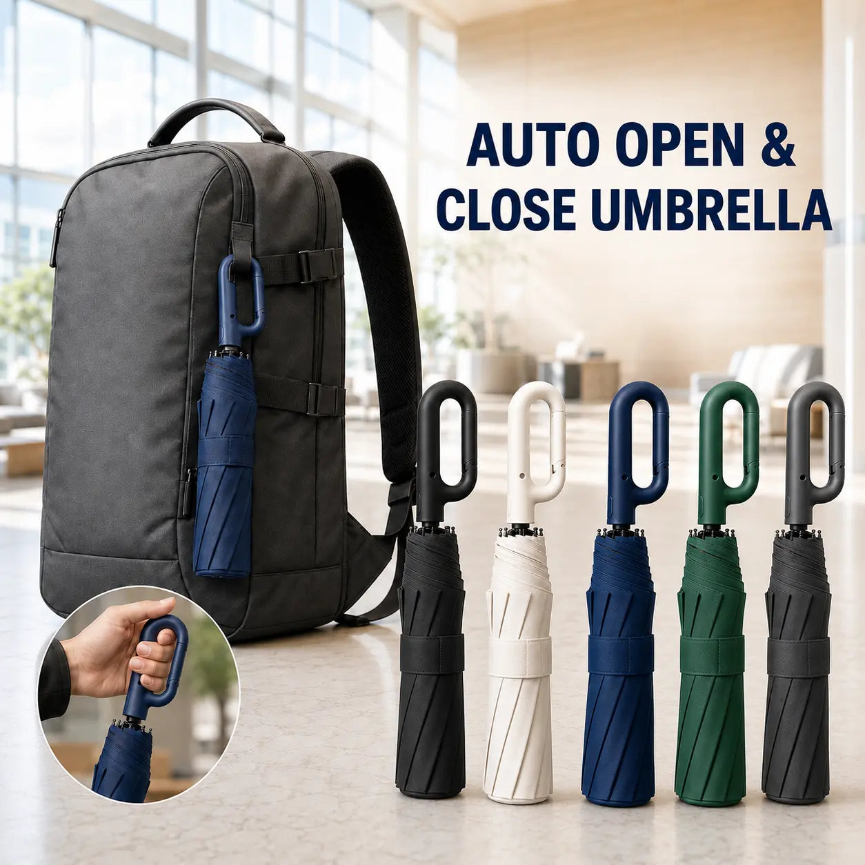 Umbrella opening automatically at the press of a button