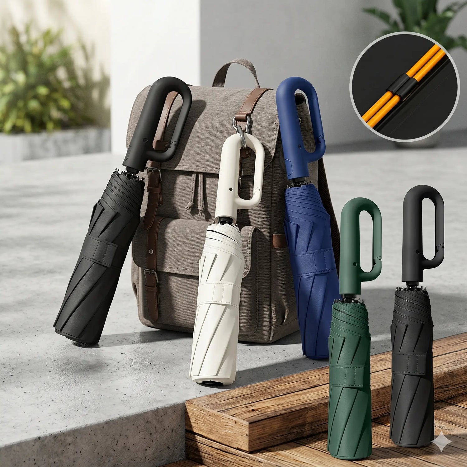 Travel umbrella folded down beside a bag for size comparison